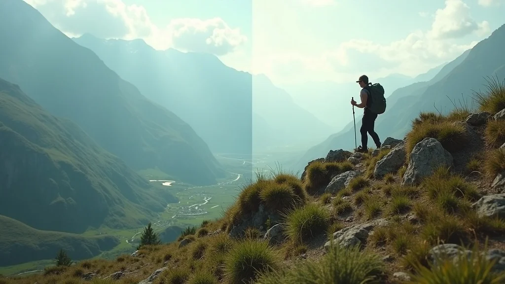 Field of view comparison — Split image with a wide angle valley and a telephoto focus on a distant hiker, showing vivid earth tones under daylight. Shot with both 16mm and 300mm lenses.