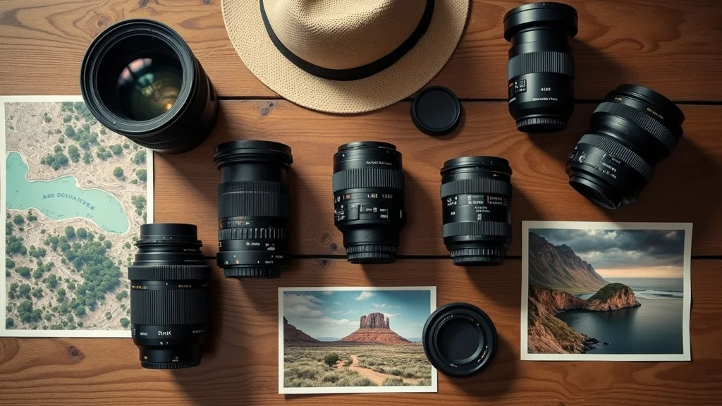 Flat lay of lenses on table: Carefully arranged display of both prime and zoom lenses with travel, portrait, and landscape accessories—helping illustrate which lens is best for different photography scenarios
