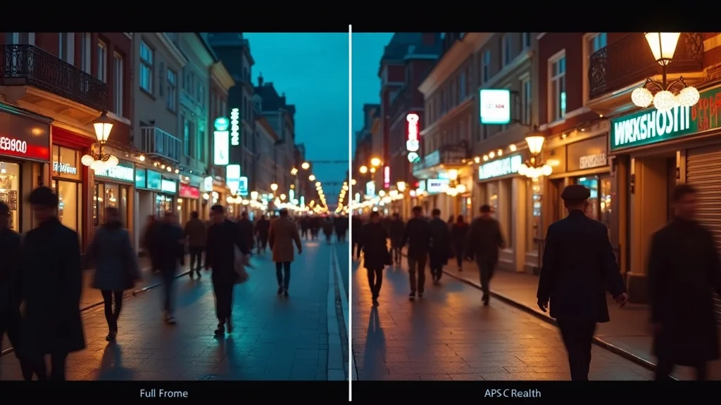 Urban night scene comparison: split image showing low light dynamic range differences between full frame and APS-C cameras