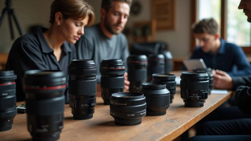 Camera lens selection guide: photographers examining prime, zoom, telephoto, and wide-angle camera lenses in a realistic professional workspace