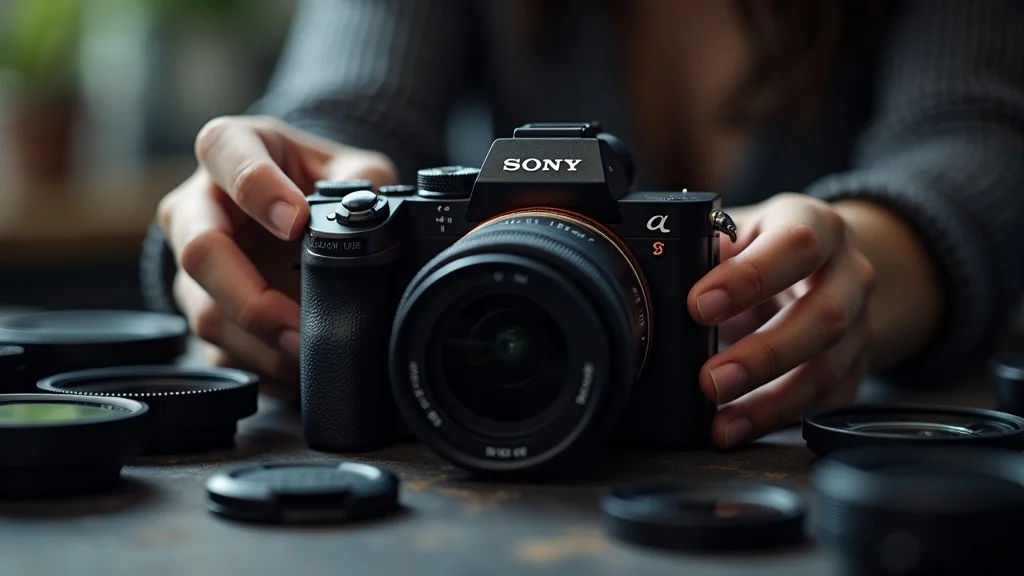 Sony Alpha camera with a range of interchangeable lenses and filters, hands attaching lens, photorealistic, studio table, gleaming glass, metal details, macro 85mm lens lighting