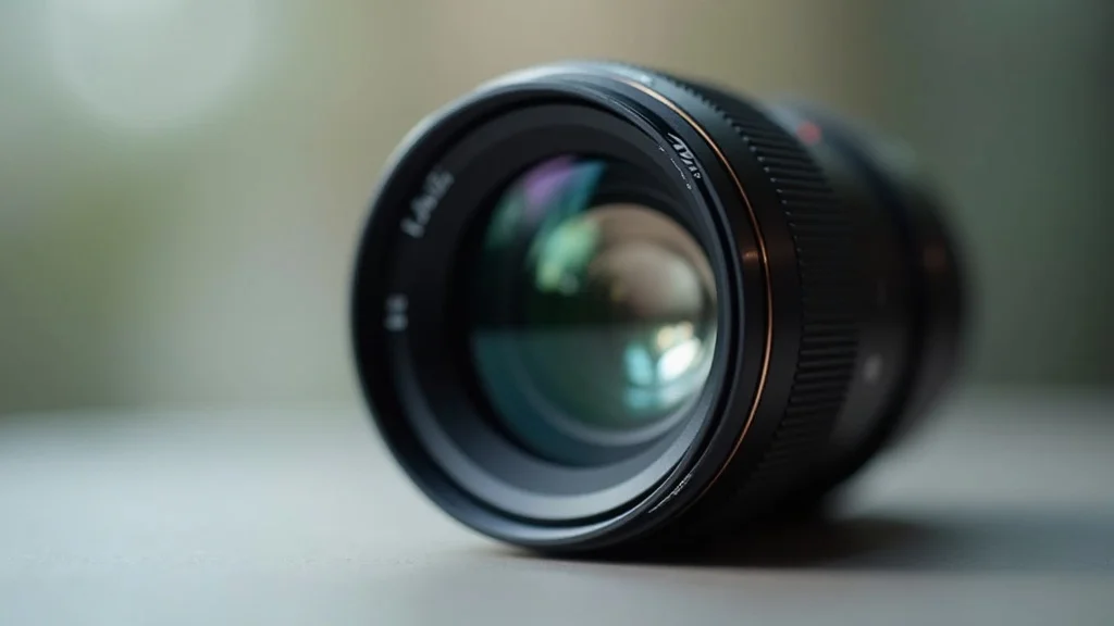 Modern prime lens close-up: Clean, focused view of a high-end prime camera lens with beautiful reflections, neutral tabletop background, and muted grays/metallic tones—illustrating the clarity and optical quality of a prime lens