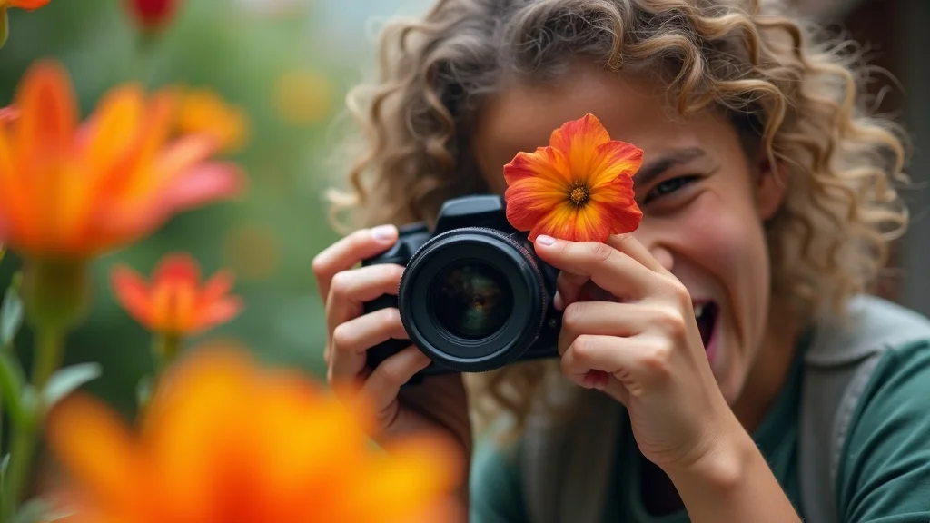 Macro lens essentials for beginners—closeup of a beginner photographing a colorful flower with a macro lens setup.