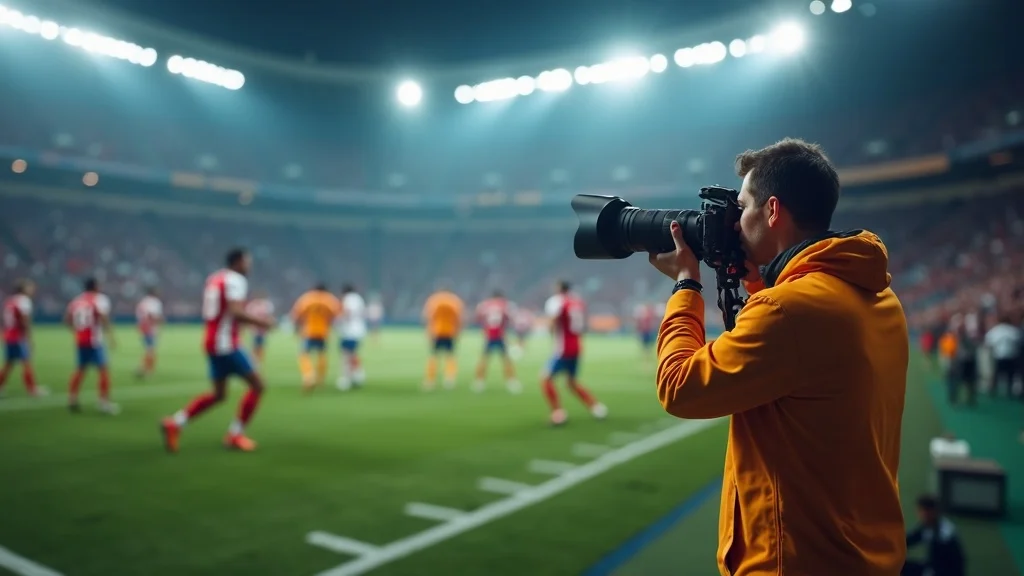 Action sports photographed with a telephoto lens. Photographer using a long lens at a football game, sharp focus on camera and subject, under vibrant stadium lights, shot with a 400mm lens at f/2.8.