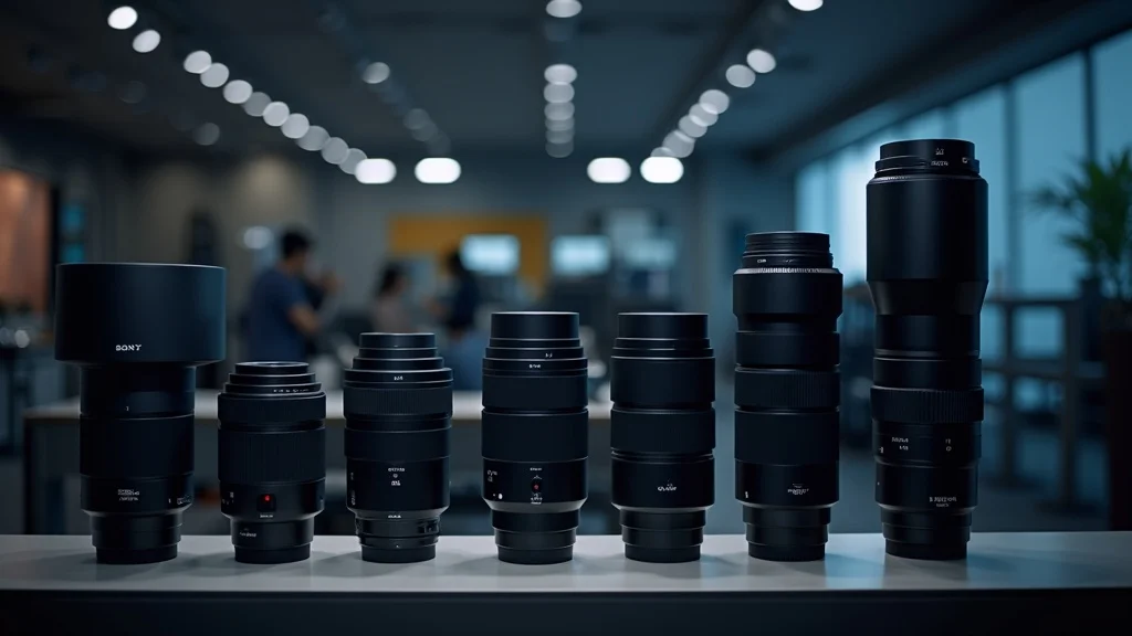 Stacked bar chart and lens lineup comparing Sony 70-200 GM II, Canon RF, Nikon, and Sony FE lenses for feature review