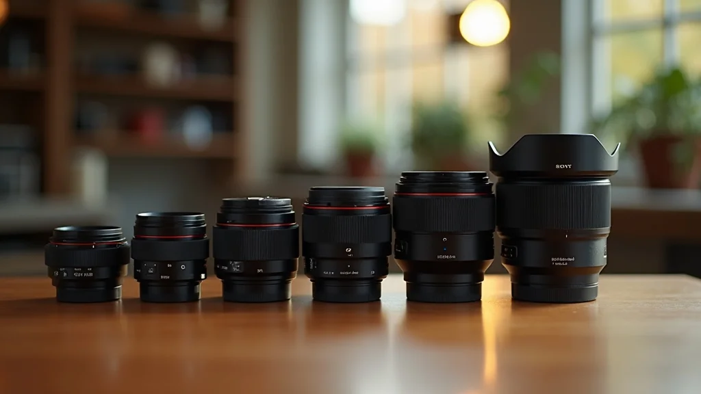 Sony FE, E, G, and GM lens mounts explained, photorealistic, bright table, tactile glass and metal textures
