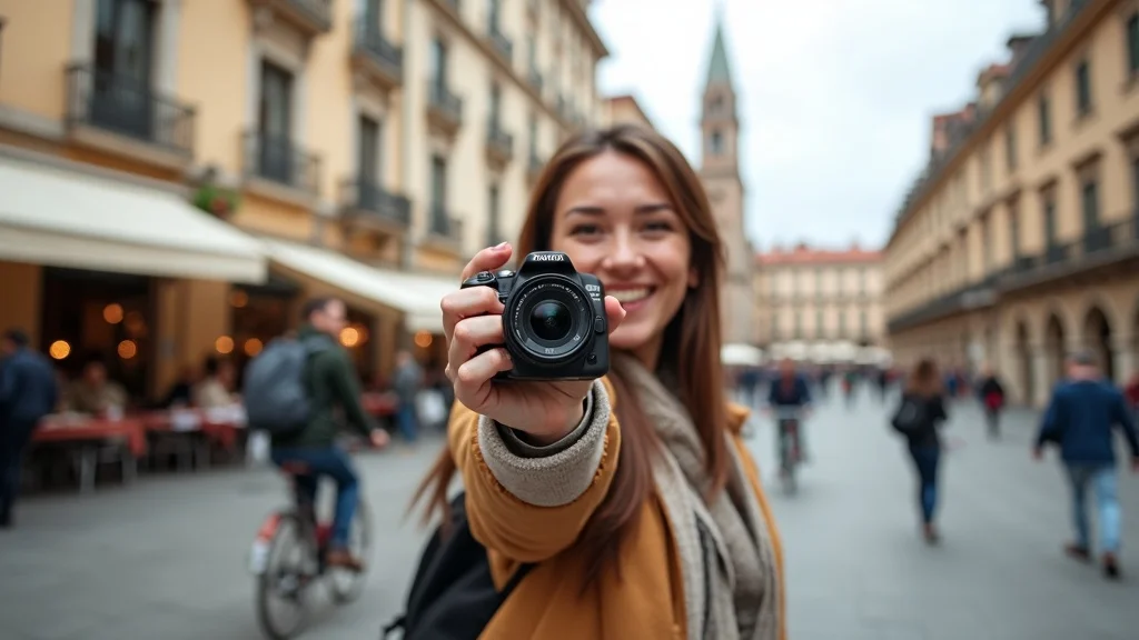 Travel blogger using Tamron 17-28mm f/2.8 wide-angle lens for a selfie in a busy European city square with cafes, motion blur, and vibrant street life.