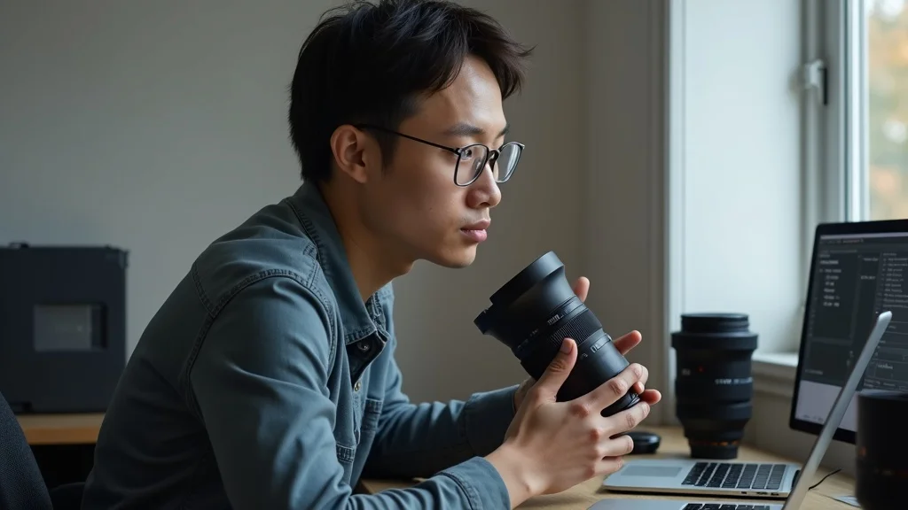 Professional photographer reviewing and testing Sony portrait lenses, highlighting expert process in choosing the best portrait lens for Sony E-mount.