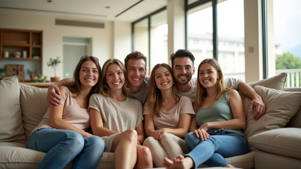 Immersive interior architecture with wide angle lens. Group of friends in a sunlit modern living room, expansive field of view, ambient sunlight and lively expressions. Captured with a 16mm lens.