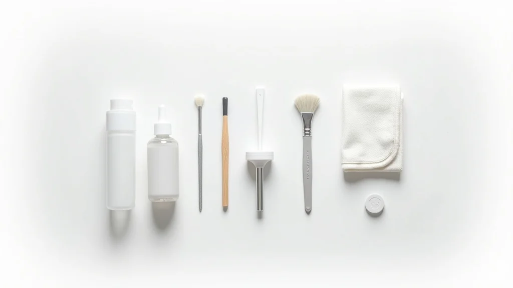 Well-organized set of lens cleaning tools for how to clean camera lenses, featuring microfiber cloth, blower, soft brush, lens tissue, cleaning solution, isopropyl alcohol