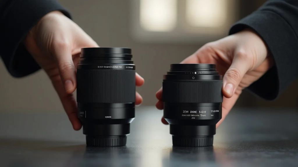Comparison of zoom lens and prime lens for beginners, both standing side by side in a photorealistic studio.