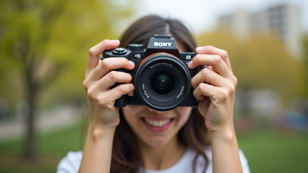 Beginner photographer adjusting settings on a Sony mirrorless camera with the best beginner Sony lens in a city park