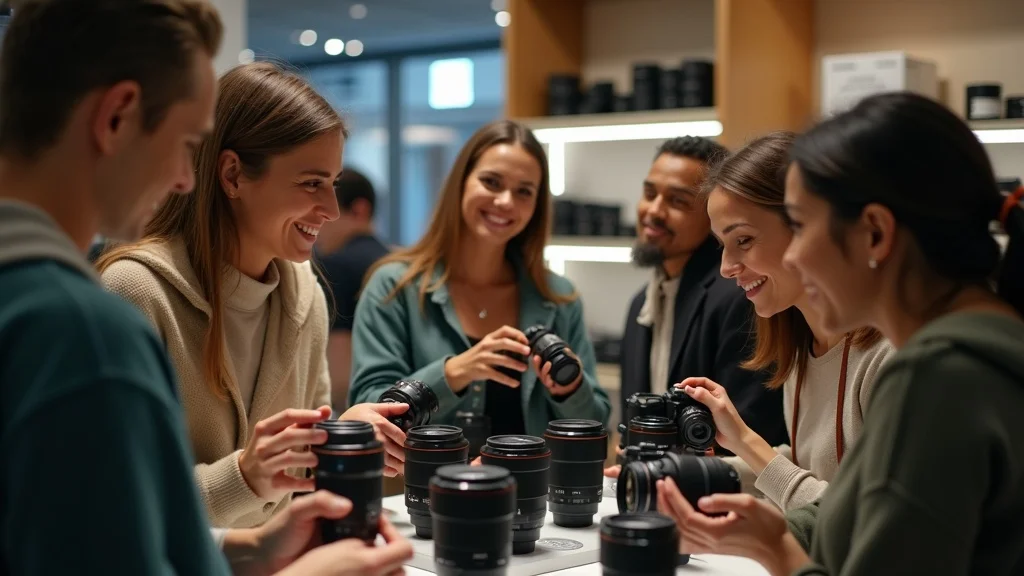 Camera shop comparing Sony zoom lenses: users checking best sony zoom lenses under 1000, new and used, at a friendly retail counter.
