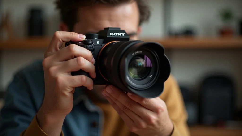 Close-up of hands holding Sony 50-150mm F2 GM attached to Sony camera, professional grip, studio gear background, natural lighting — gm lens, focus ring, aperture ring