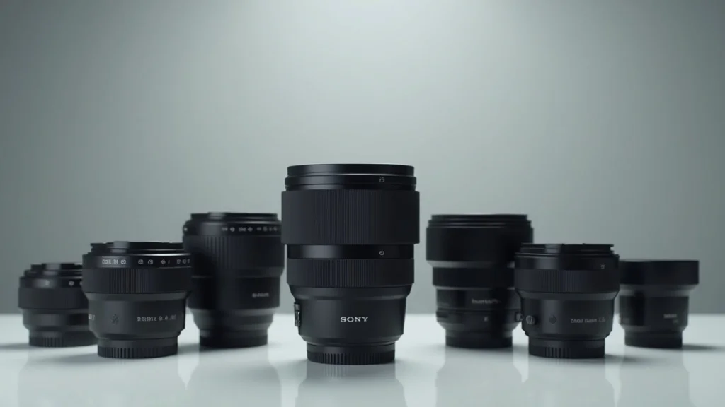 Modern lineup of Sony E-mount portrait lenses arranged on a clean tabletop featuring best portrait lens for Sony, styled with sharp textures and cool-gray palette.