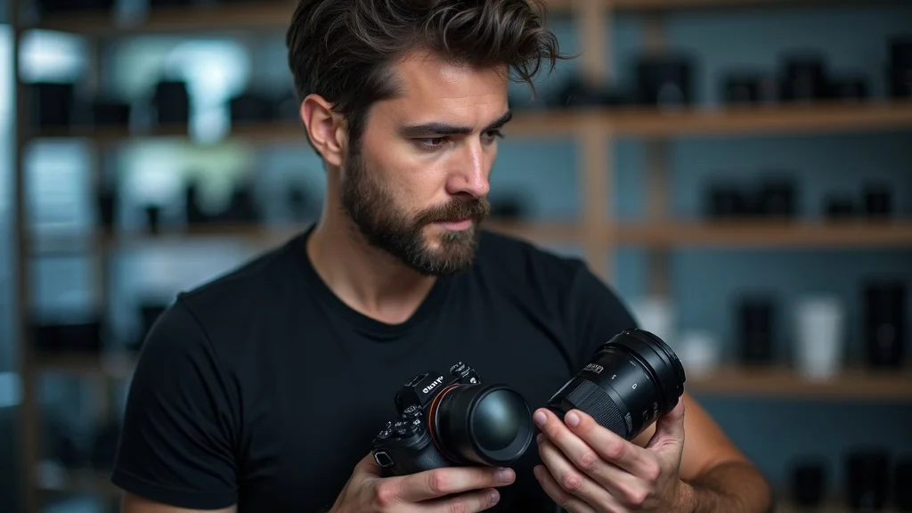 Professional photographer comparing Sony and third-party budget lenses for image quality and build, standing in a modern camera store surrounded by shelves of camera gear.