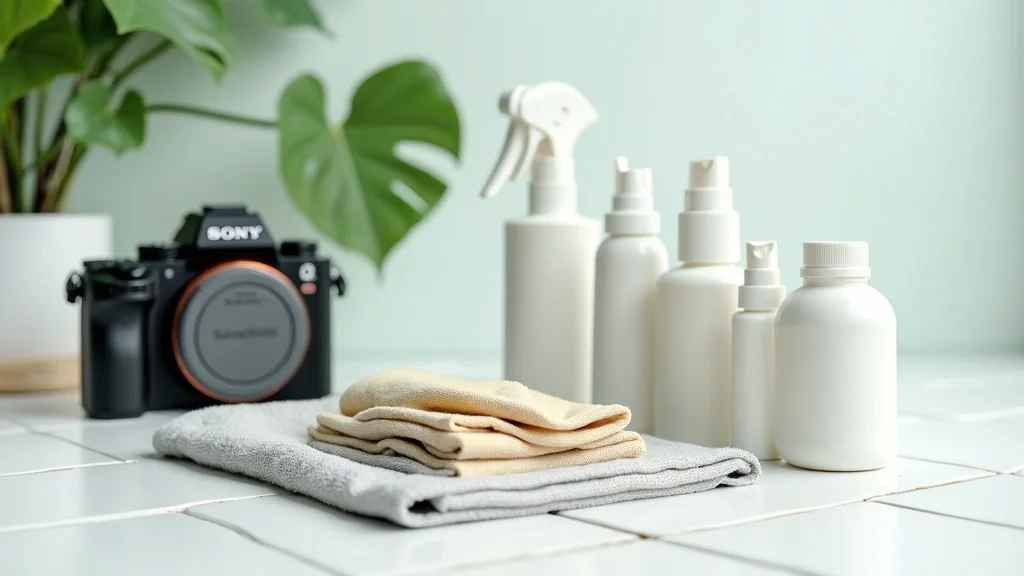 Sony Alpha user using advanced accessories like neck strap and external mic, photographing in scenic cityscape with fountains, photorealistic, mid-day, rapid motion blur, cool blues, 35mm lens