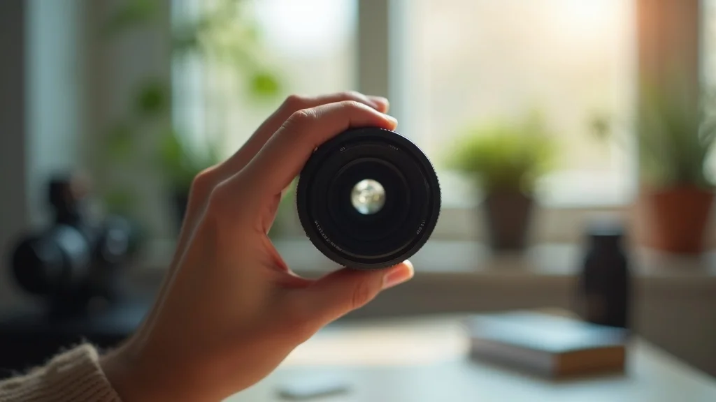 Camera lens guide for beginners showing a vivid close-up of a camera lens handheld by a beginner photographer in a bright, minimalistic workspace.
