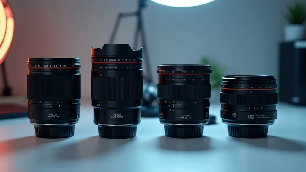 Infographic-style arrangement of four camera lenses showing differences for guide to photo lens selection for beginners.