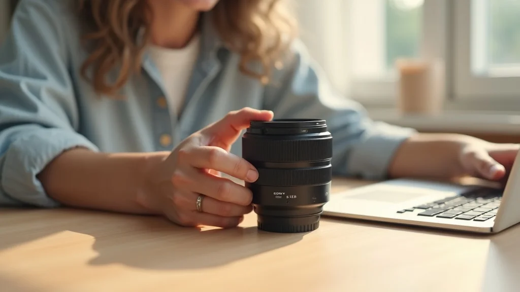 Sony FE 85mm f/1.8 budget lens for Sony held in hand on wooden desktop